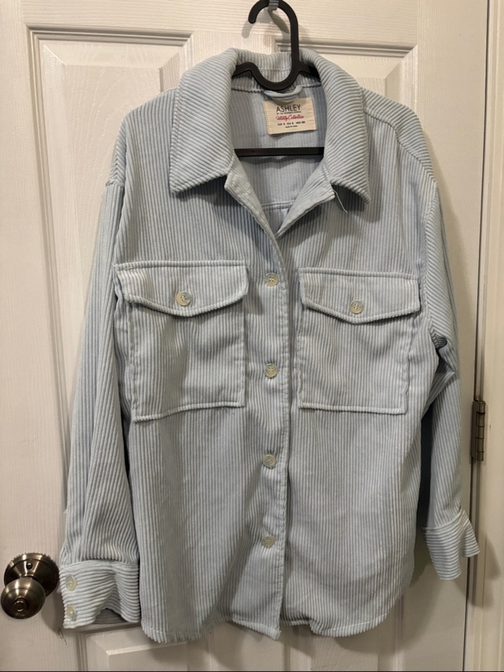 2 Ashley By 26 International Corduroy Button-Front Shackets (1 pale blue, 1 pink